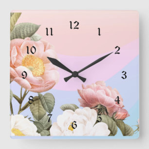 Horloge Carrée Jolie rose pastel et roses blanches