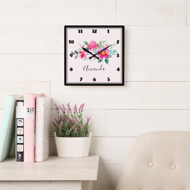 Horloge Carrée Jouer Joli Bouquet de Fleur Rose (Salle de lecture)
