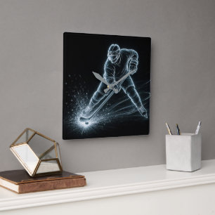Horloge Carrée Joueur de hockey au néon sur glace