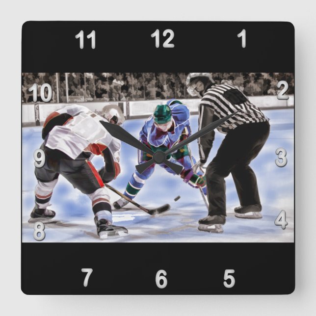 Horloge Carrée Joueurs de hockey et arbitre face off (Recto)