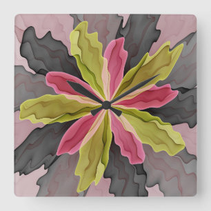 Horloge Carrée Joy, Vert rose Anthracite Imaginaire Fleur Fractal