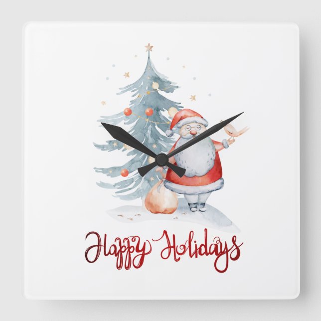 Horloge Carrée Joyeuses Fêtes, Pin du Père Noël (Recto)