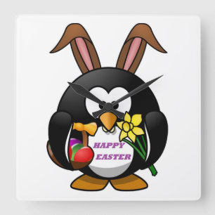Horloge Carrée "Joyeuses Pâques" MANCHOT LAPIN