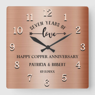 Horloge Carrée Joyeux anniversaire de cuivre 7e anniversaire de M