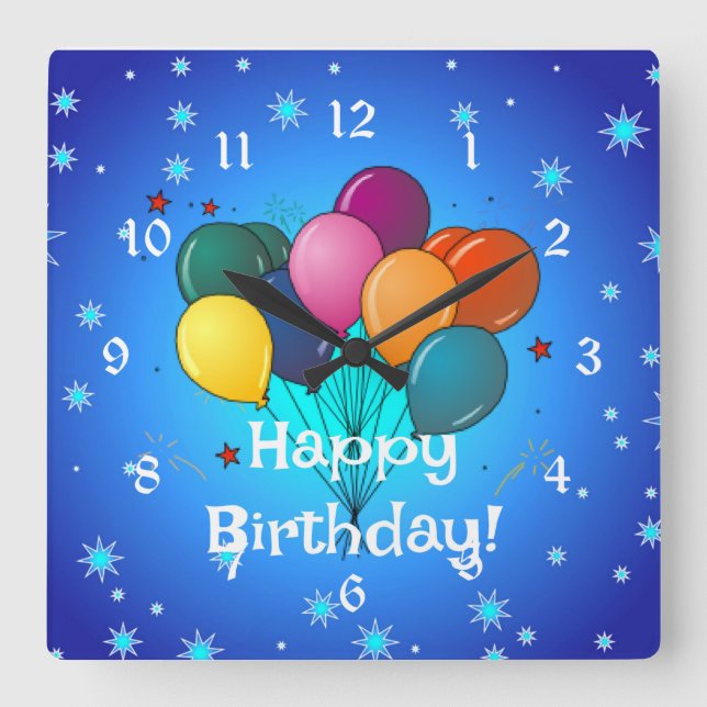 Horloge Carrée Joyeux ballons de fête d'anniversaire, (Recto)