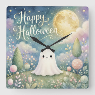 Horloge Carrée Joyeux Halloween Gentil Fantôme Jardin Pastel