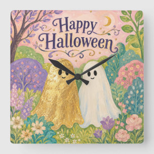 Horloge Carrée Joyeux Halloween Jardin de Fleurs de Fantôme Migno