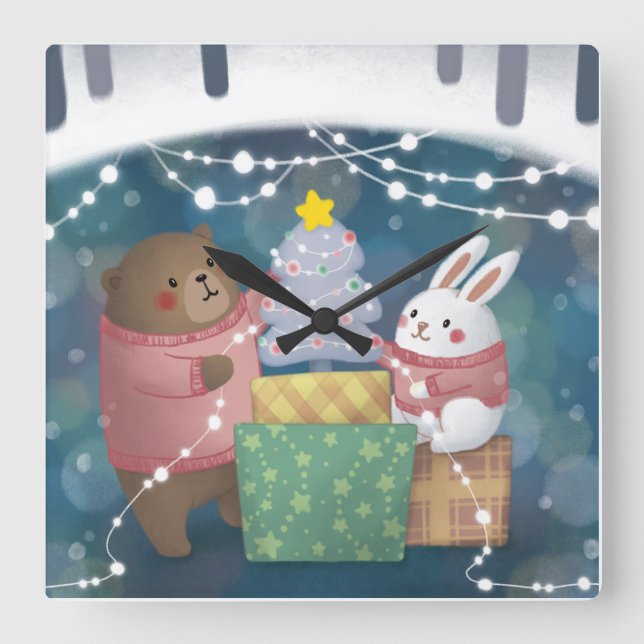 Horloge Carrée Joyeux Noël : ours et lapin (Recto)