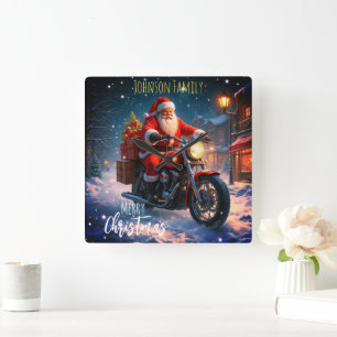 Horloge Carrée Joyeux Noël Père Noël à moto 