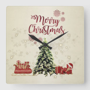 Horloge Carrée Joyeux Noël, sapins de Noël, cadeaux, traîneau