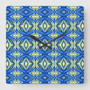 Horloge Carrée Kaleidoscope bleu et jaune
