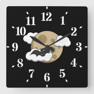 Horloge Carrée Kawaii Happy Bat Flying on Full Moon