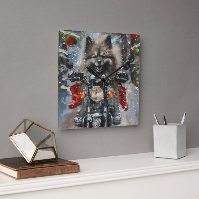 Horloge Carrée Keeshond chien équitation moto Noël (Bureau)