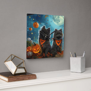 Horloge Carrée Keeshond Halloween Épouvantable