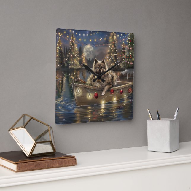 Horloge Carrée Keeshond Noël Festive Voyage (Bureau)