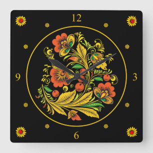 Horloge Carrée Khokhloma ~ Art folklorique russe ~ Fleurs rouges/