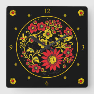 Horloge Carrée Khokhloma ~ Art folklorique russe ~ Fleurs rouges/