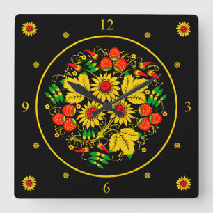 Horloge Carrée Khokhloma ~ L'art populaire russe ~ Fleurs ~