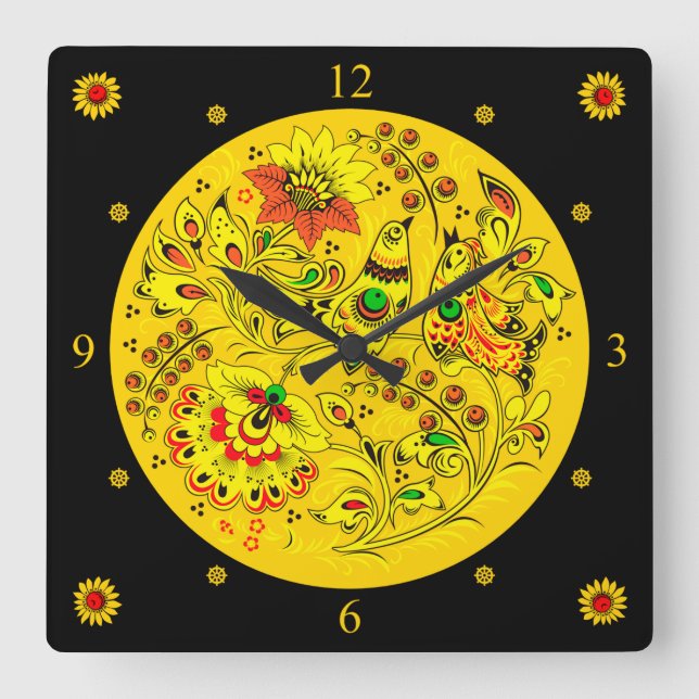 Horloge Carrée Khokhloma ~ L'art populaire russe ~ Les oiseaux de (Recto)