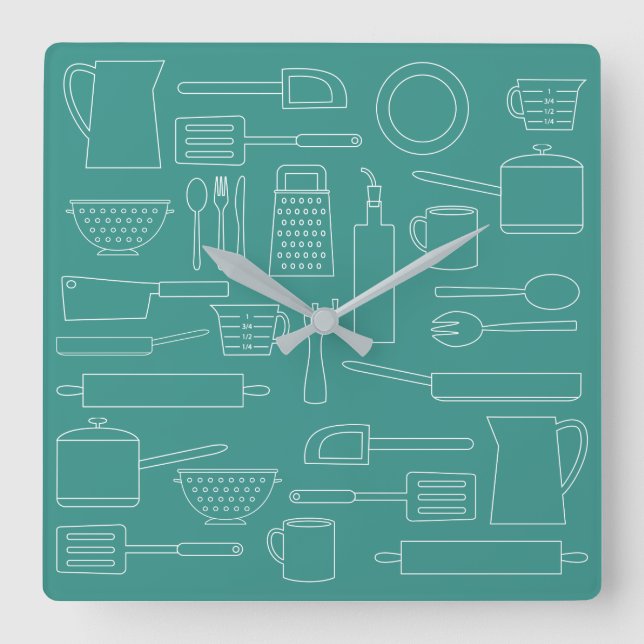 Horloge Carrée Kitchen Cooking Utensils Theme Teal Kitchen Clock (Recto)
