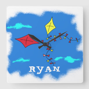 Horloge Carrée Kite Jaune Ciel Rouge Nuage Dessin Nom de l`enfant