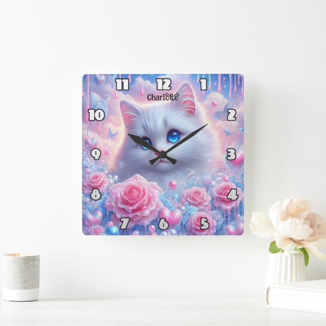 Horloge Carrée Kitty éthéré : Roses, rêves, yeux bleus (Maison)