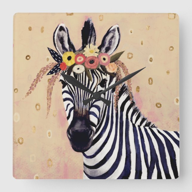 Horloge Carrée Klimt Zebra | Orné De Fleurs (Recto)