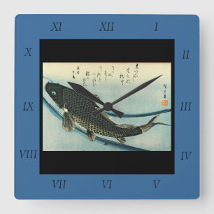 Horloge Carrée Koi (Carpes) - Estampe de poisson japonaise d'Hiro