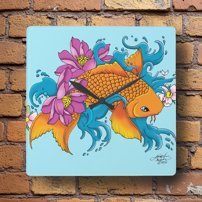Horloge Carrée Koi et fleurs (Créateur téléchargé)