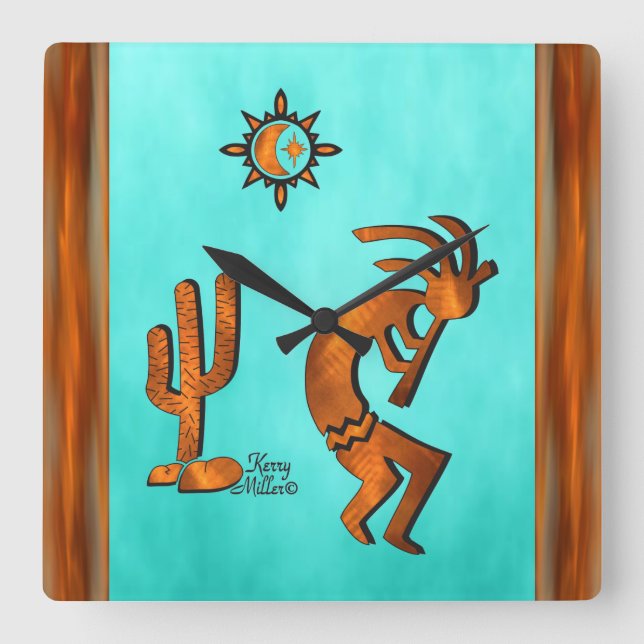 Horloge Carrée Kokopelli Et Cactus (Recto)