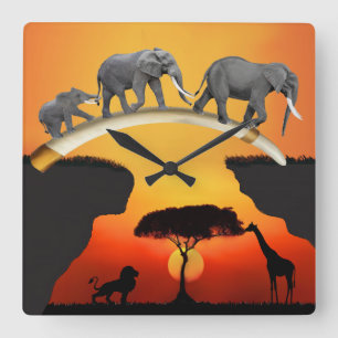 HORLOGE CARRÉE LA FAMILLE D'ÉLÉPHANTS AFRICAINS