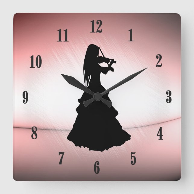 Horloge Carrée La fille tzigane joue violon noir chiffres (Recto)
