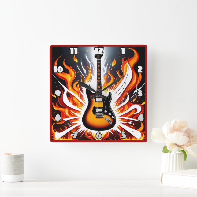Horloge Carrée La guitare électrique s'enflamme dans un flambeau  (Maison)