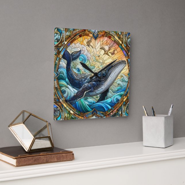 Horloge Carrée La Majestueuse Mosaïque Marine Une Baleine De Verr (Bureau)
