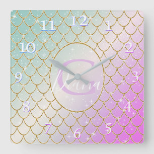 Horloge Carrée La Petite Sirène. balance d'or sur rose, turqu