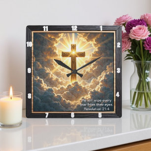 Horloge Carrée La Révélation 21:4 de la Porte Céleste Croix Dorée