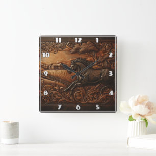 Horloge Carrée La sculpture du cheval majestueux dans un paysage 