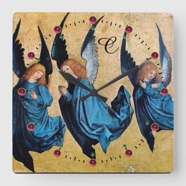 HORLOGE CARRÉE LA THREE CHRISTMAS ANGELS DANS LE MONOGRAME BLEU (Recto)
