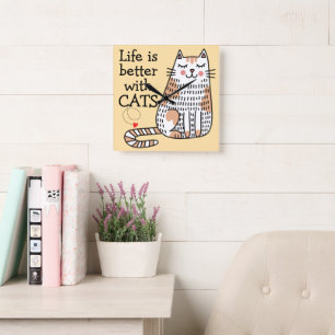 Horloge Carrée La vie est meilleure avec des chats Doodle