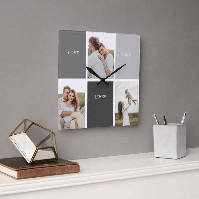 Horloge Carrée L'amour vit ici | Cadeau Famille Trois Photo (Bureau)