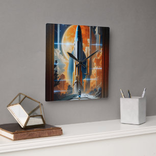 Horloge Carrée Lancement Lunaire - Voyage vers Moon Retro Poster