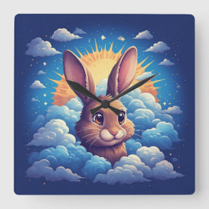 Horloge Carrée Lapin de Pâques Fantaisiste Entouré de Nuages