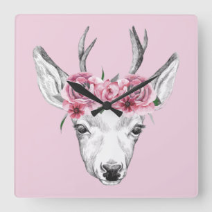 Horloge Carrée L'aquarelle fleurit des cerfs communs