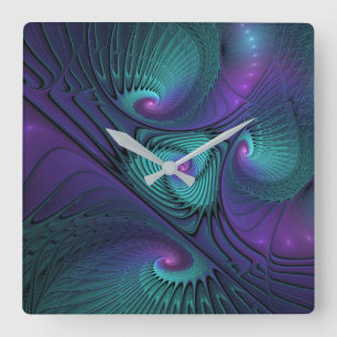 Horloge Carrée L'art fractal abstrait moderne rencontre le turquo