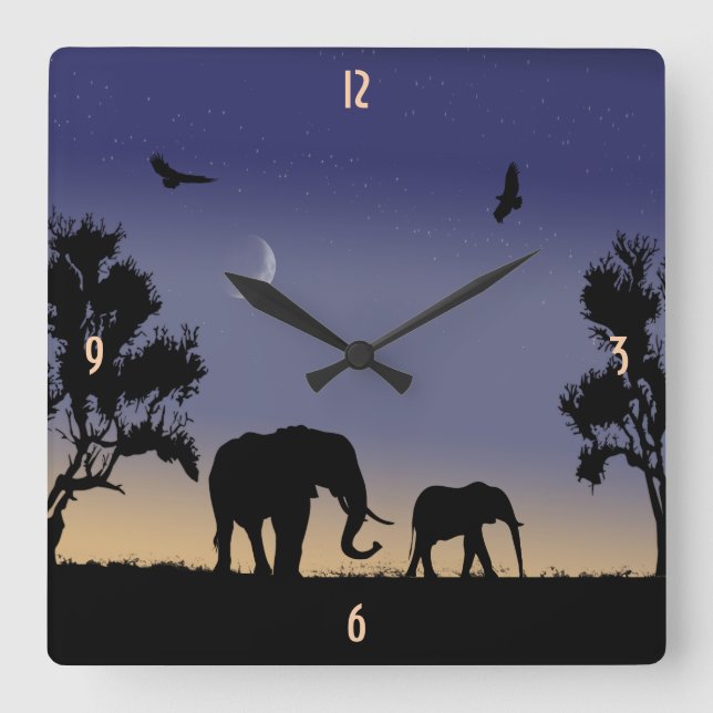 Horloge Carrée L'aube africaine - éléphants (Recto)
