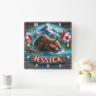 Horloge Carrée Le castor canadien construit une loge dans l'eau