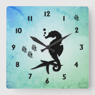 Horloge Carrée Le Cheval de mer dans le Chiffon vert