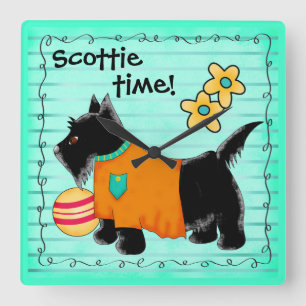Horloge Carrée Le chien de Terrier écossais noir Turquoise vert 