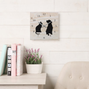 Horloge Carrée Le chien moderne de chat silhouette l'arrière -
