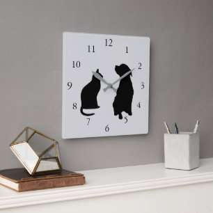 Horloge Carrée Le chien moderne de chat silhouette l'arrière -